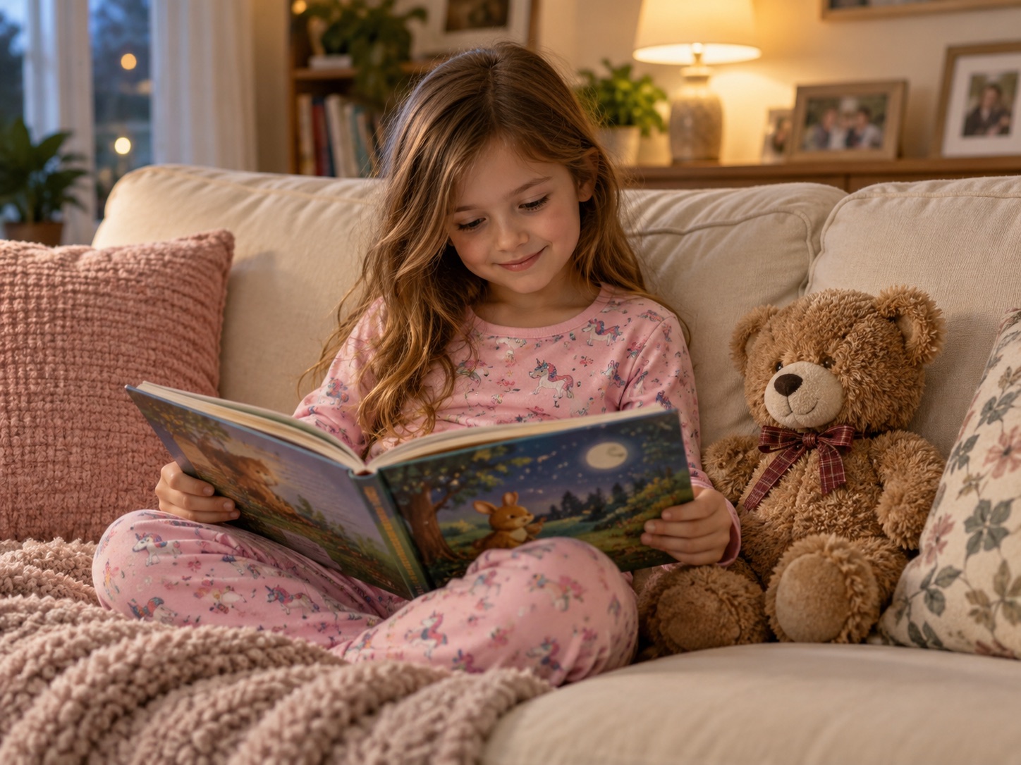 Illustrative story-time moment: a child reading with a teddy bear